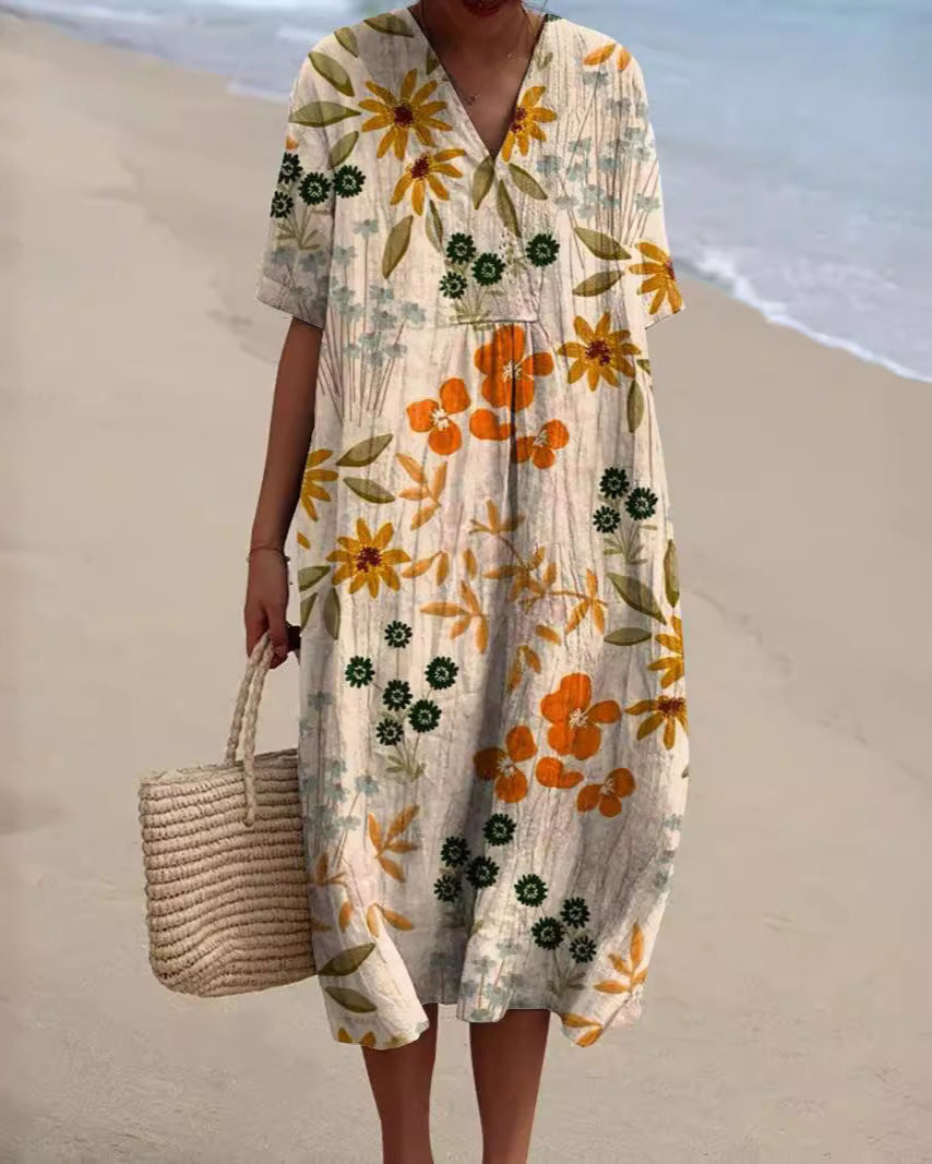 Dames Zomerse Jurk met V-hals en Bloemenprint Beige Auralie