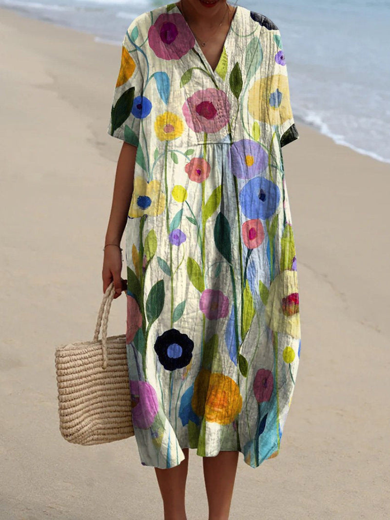Dames Zomerse Jurk met V-hals en Bloemenprint Lichtgroen Auralie