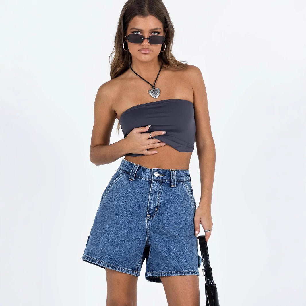 Dames Korte Spijkerbroek Relaxed Fit Donkerblauw Auralie