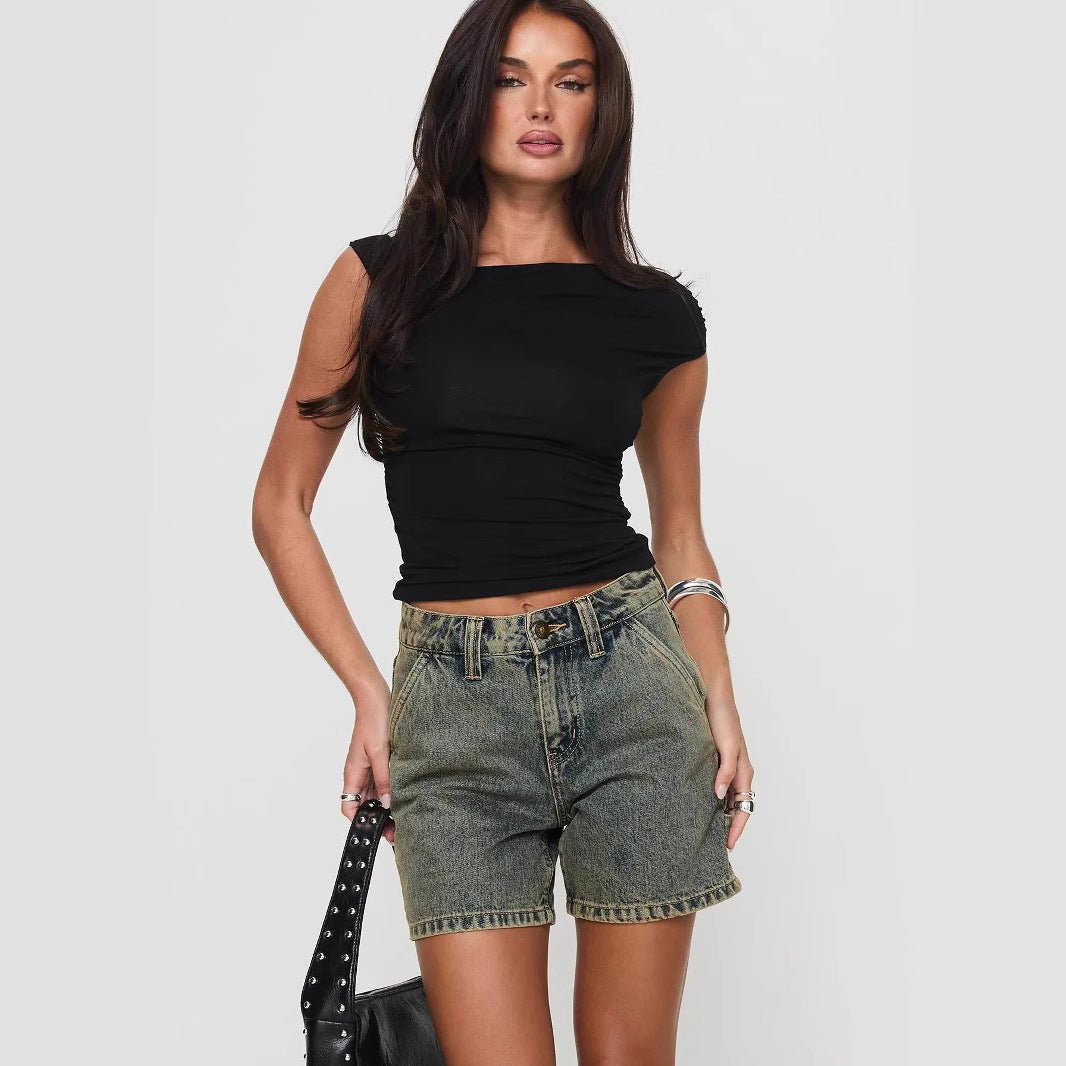 Dames Korte Spijkerbroek Relaxed Fit Grijs Auralie