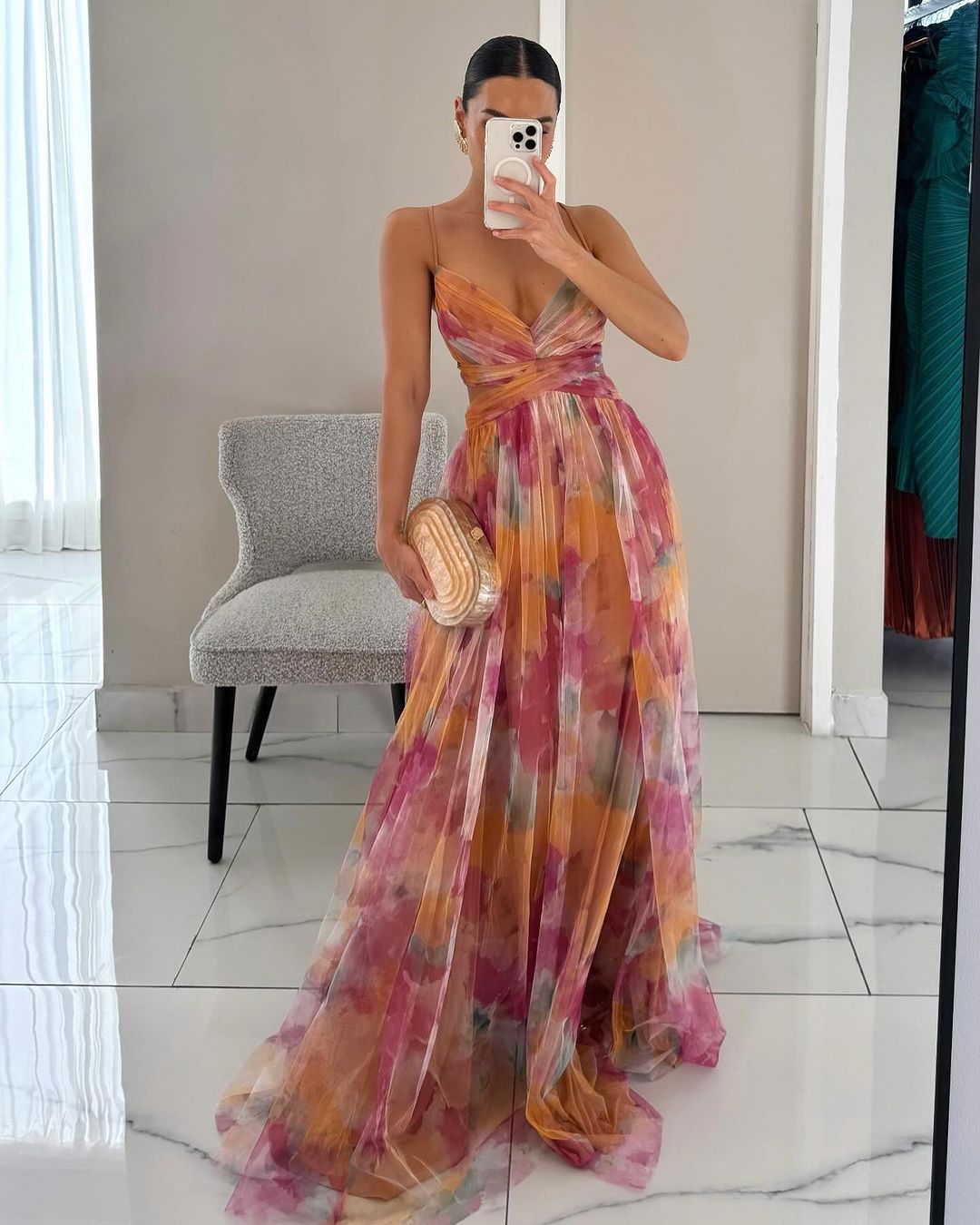 Dames Maxi Zomerjurk met Bloemenprint Oranje Auralie