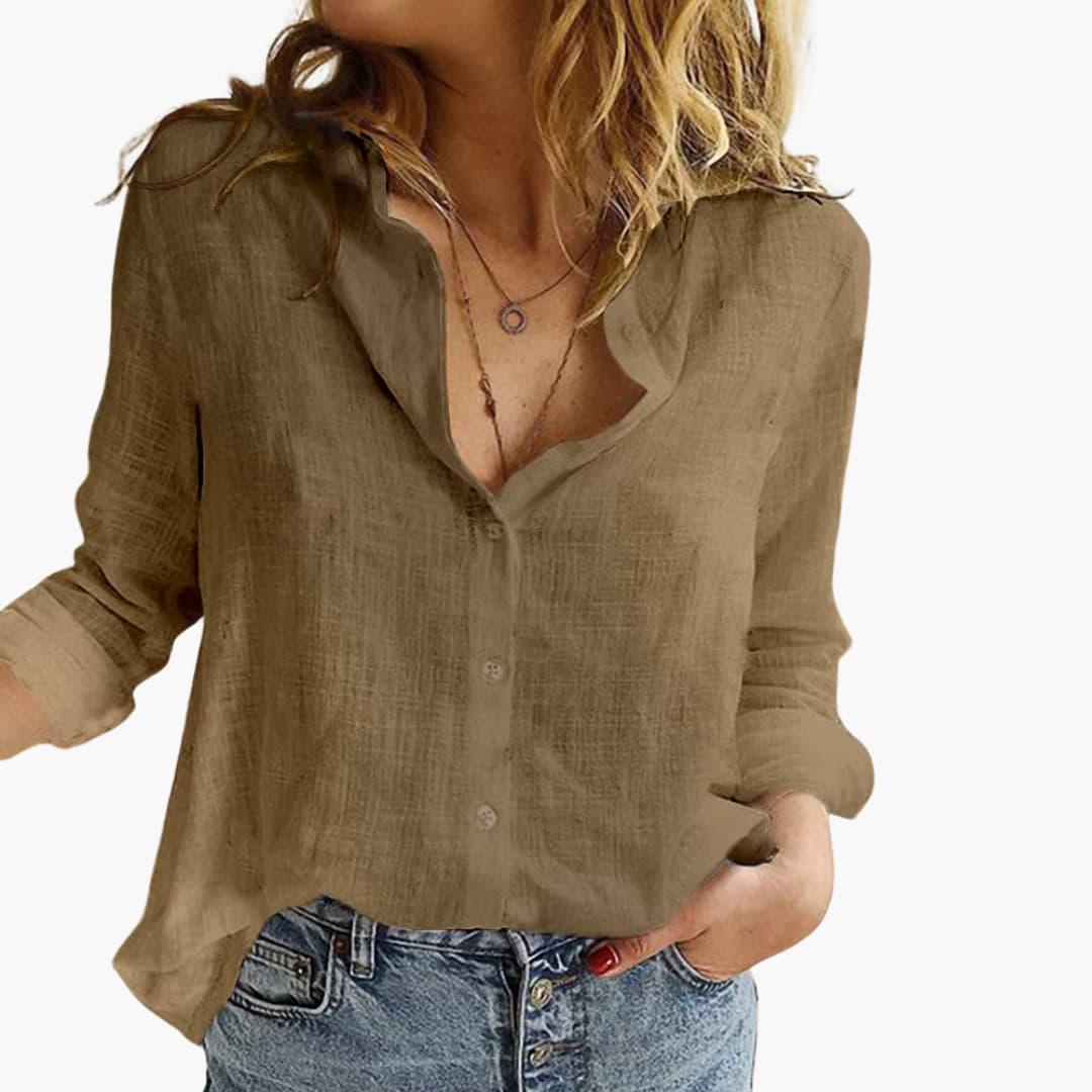 Dames Linnen Blouse met Losse Pasvorm voor Casual en Elegante Look Bruin Auralie