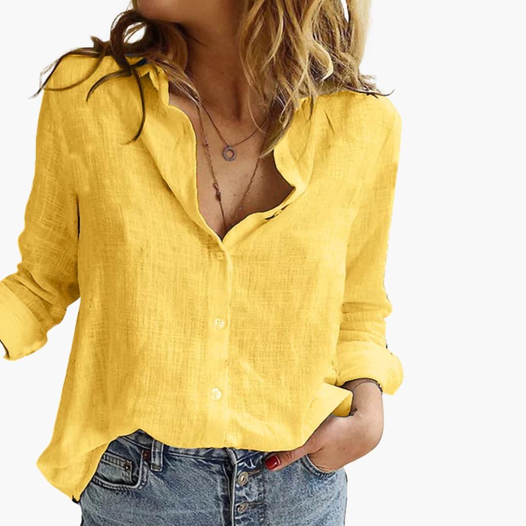 Dames Linnen Blouse met Losse Pasvorm voor Casual en Elegante Look Geel Auralie