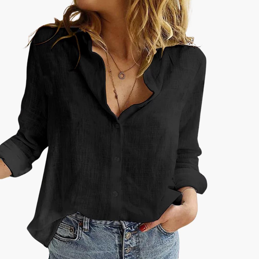 Dames Linnen Blouse met Losse Pasvorm voor Casual en Elegante Look Zwart Auralie