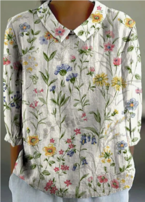 Dames Linnen Blouse met Retro Bloemenprint Wit Auralie