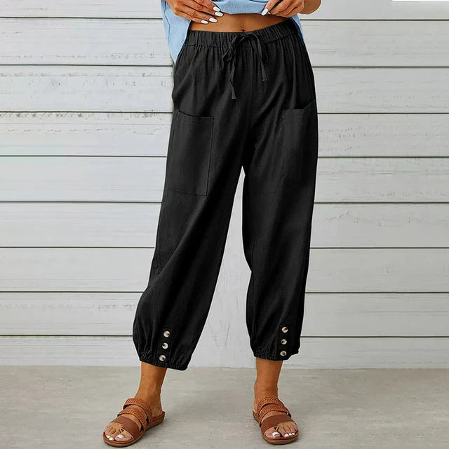 Dames Loungebroek met Elastische Taille en Knoopdetails 0