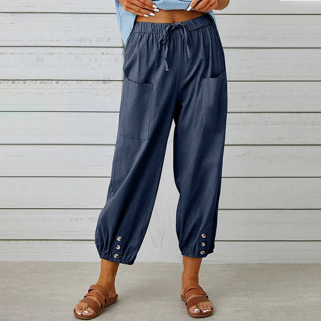 Dames Loungebroek met Elastische Taille en Knoopdetails 1