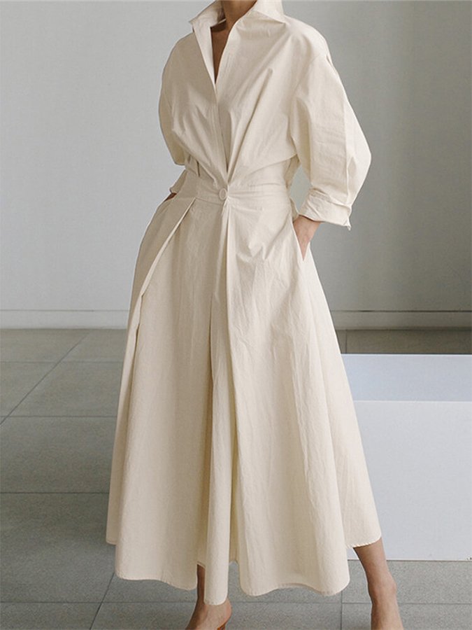 Dames Maxi Jurk Lange Mouwen met Kraag en Knoop Beige Auralie