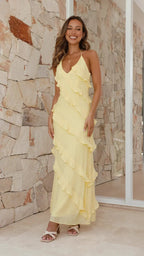 Dames Maxi Zomerjurk met Ruffles Geel Auralie