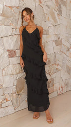 Dames Maxi Zomerjurk met Ruffles Zwart Auralie