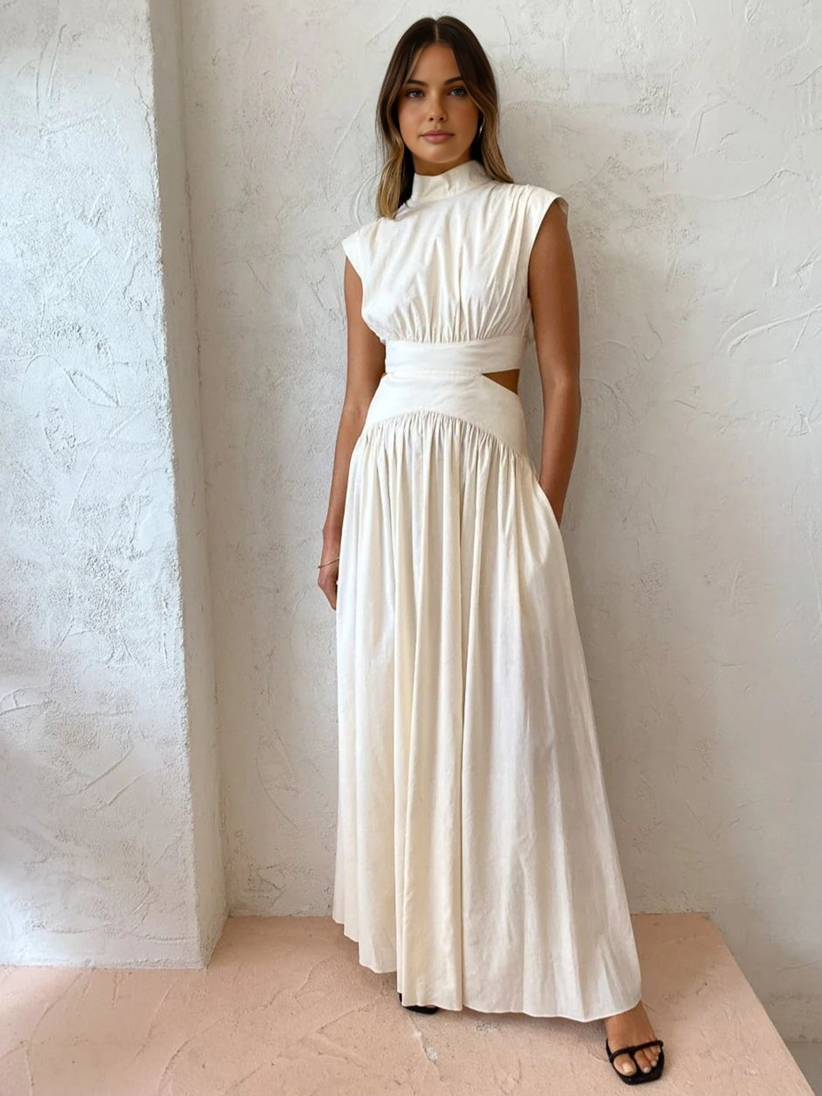 Dames Maxi Jurk met Uitsnijding en Opstaande Kraag Wit Auralie
