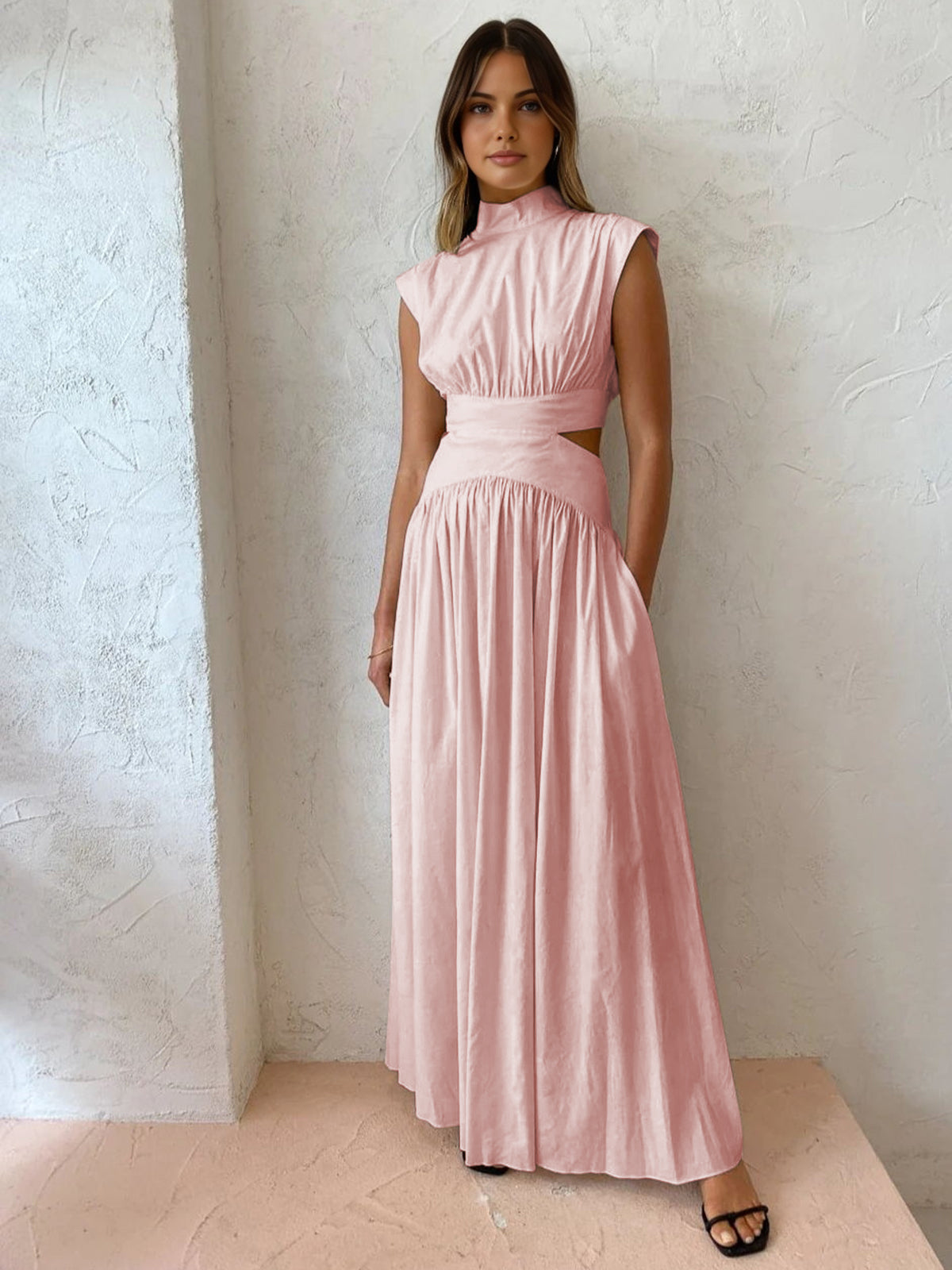 Dames Maxi Jurk met Uitsnijding en Opstaande Kraag Roze Auralie