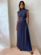 Dames Maxi Jurk met Uitsnijding en Opstaande Kraag Marineblauw Auralie