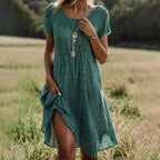 Dames Midi Jurk met Korte Mouwen en Polka Dot Patroon Turquoise Auralie