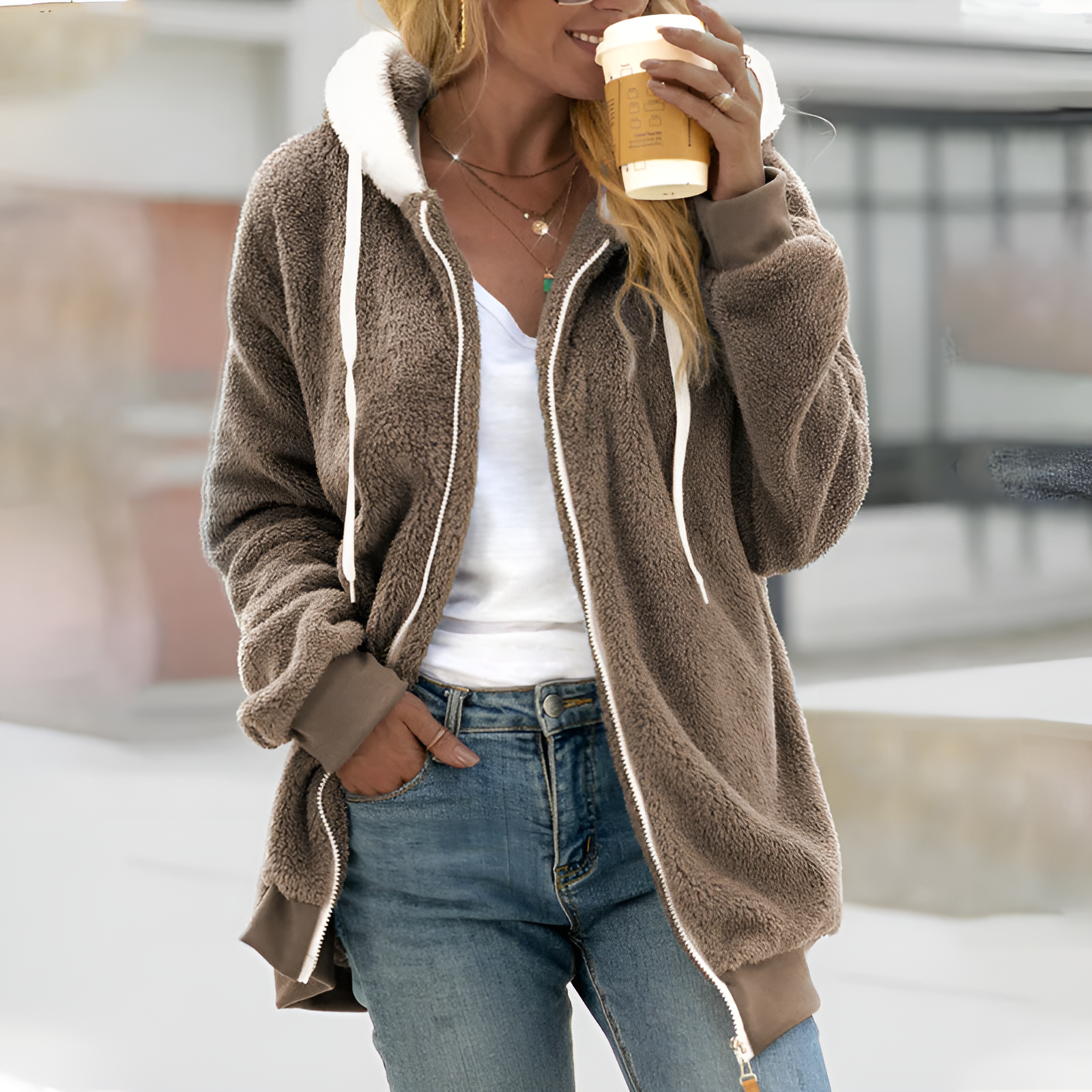 Dames Oversized Hoodie met Sherpa Voering en Ritssluiting 2