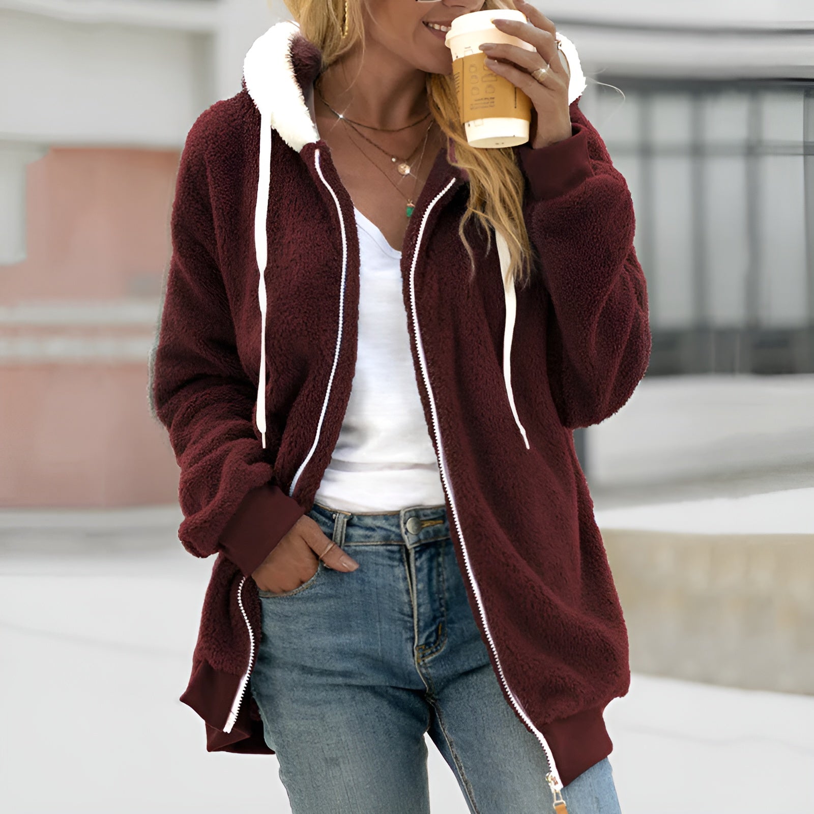 Dames Oversized Hoodie met Sherpa Voering en Ritssluiting 4