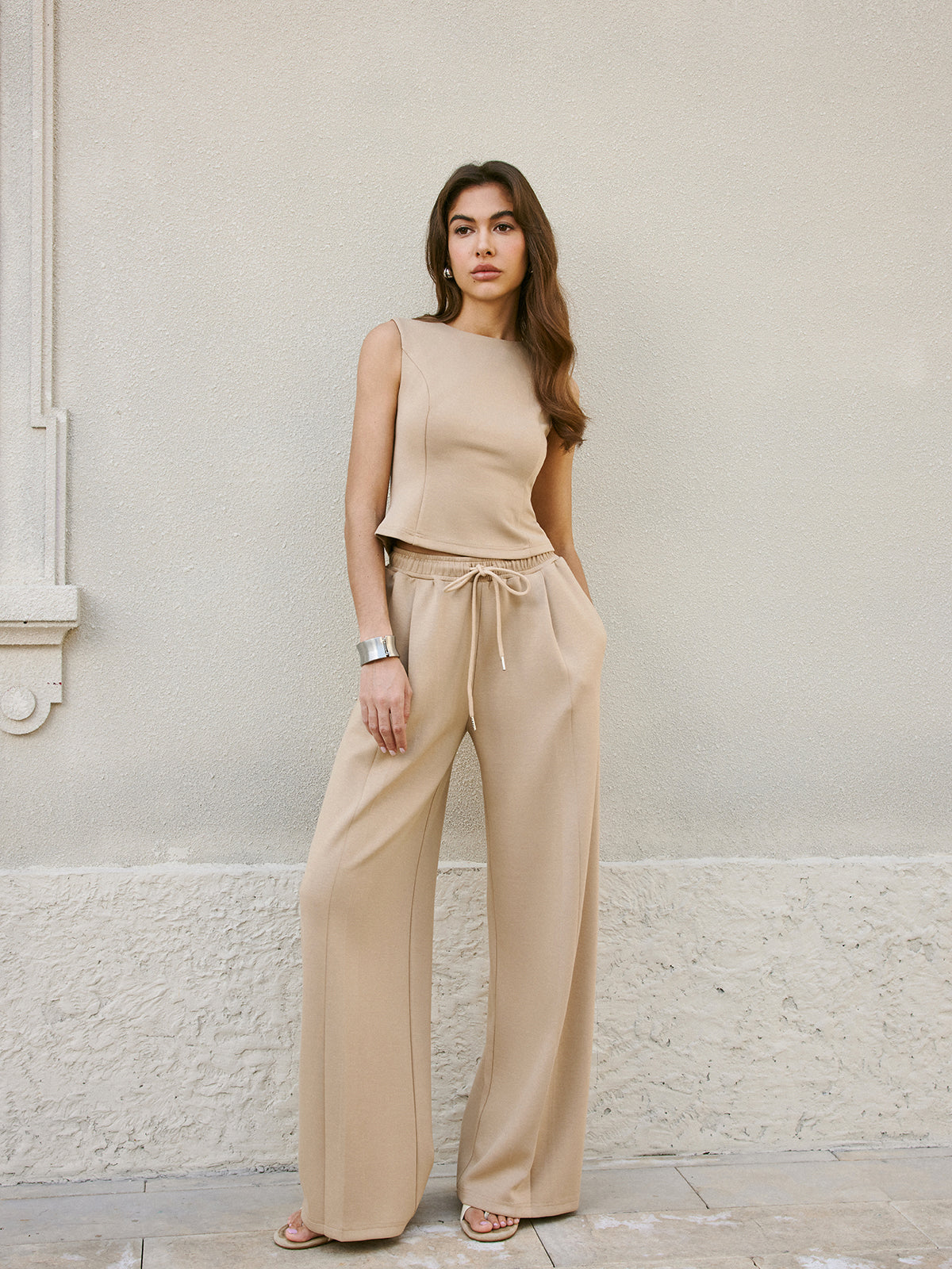 Dames Co-ord Set Mouwloos met Ronde Hals Khaki Khaki Auralie