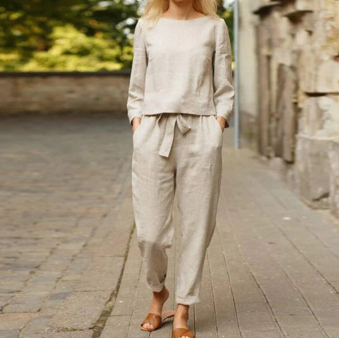 Dames Linnen Set Lange Broek en Lange Mouwen Shirt Beige Auralie
