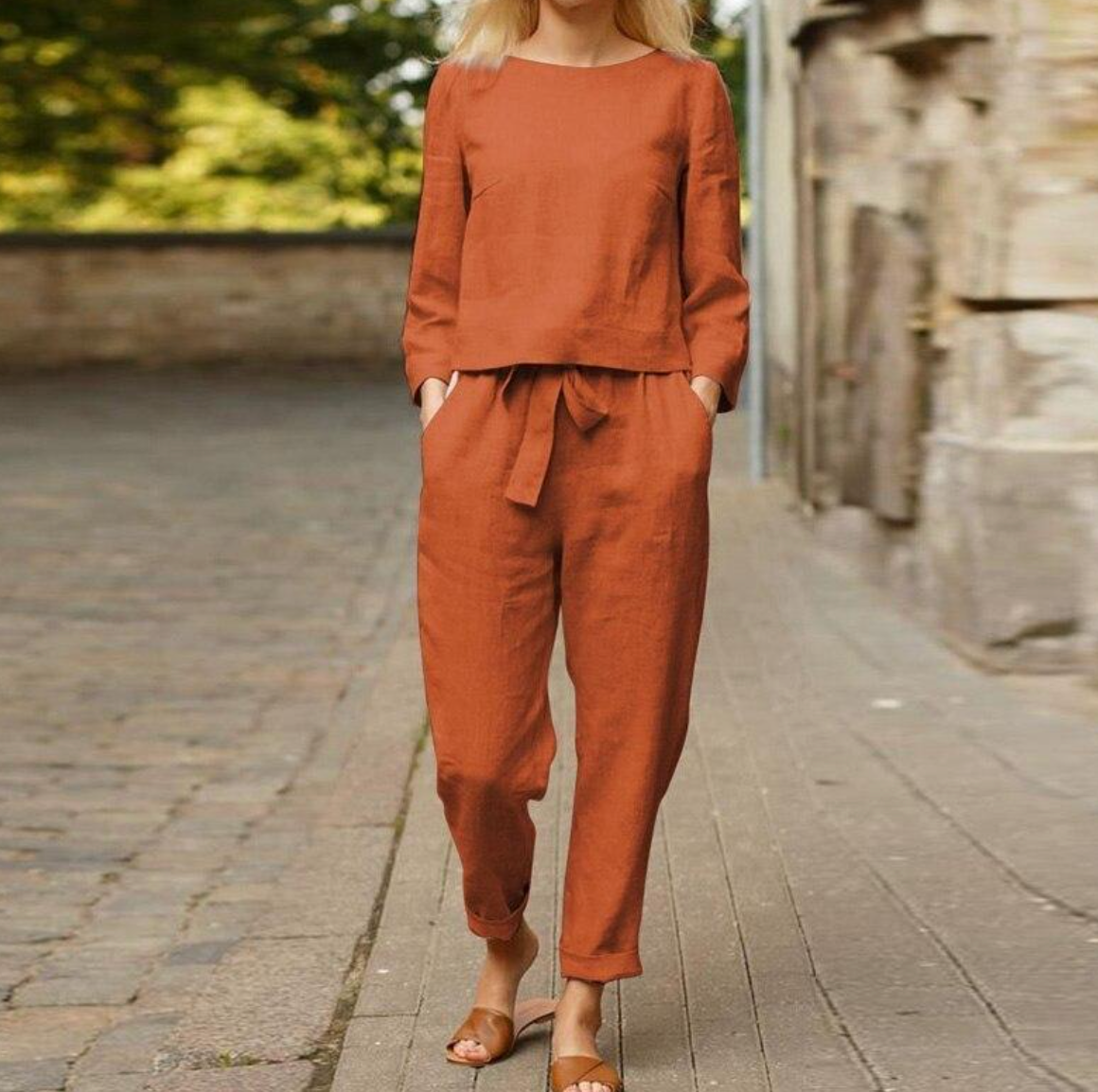 Dames Linnen Set Lange Broek en Lange Mouwen Shirt Brons Auralie