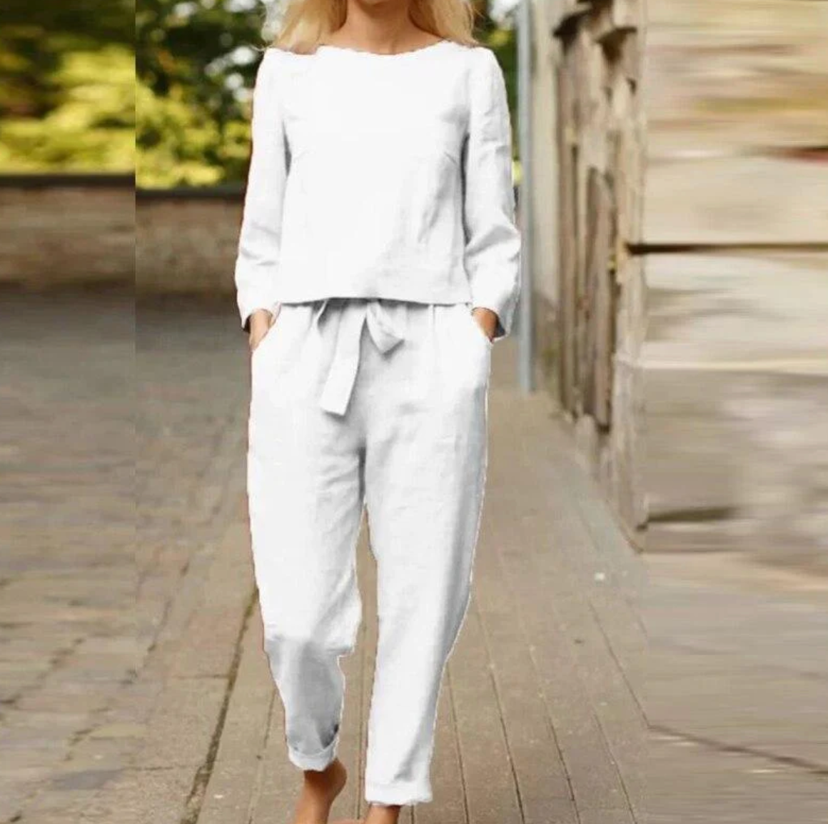 Dames Linnen Set Lange Broek en Lange Mouwen Shirt Wit Auralie