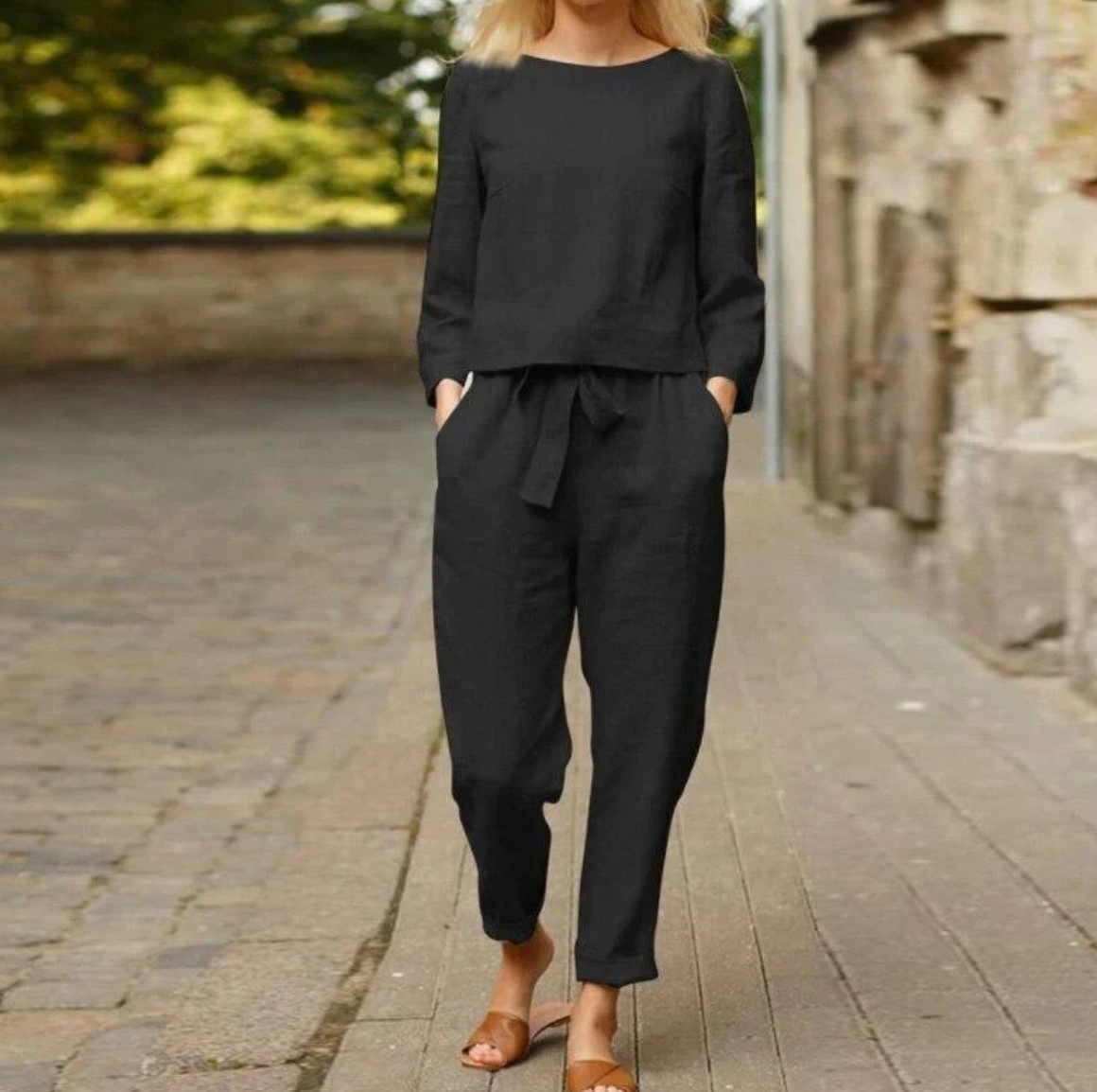 Dames Linnen Set Lange Broek en Lange Mouwen Shirt Zwart Auralie