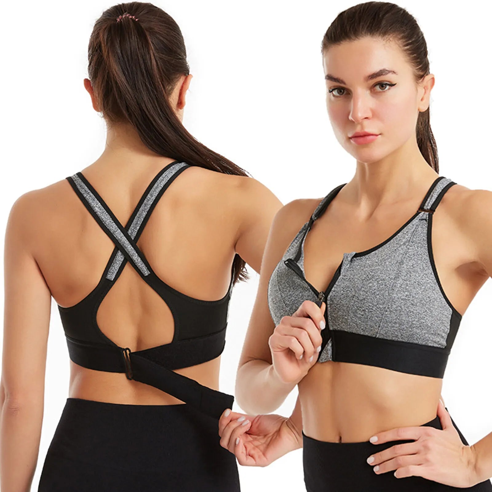 Dames Sport BH High Support met Ritsluiting en Criss-Cross Rugband Grijs Auralie