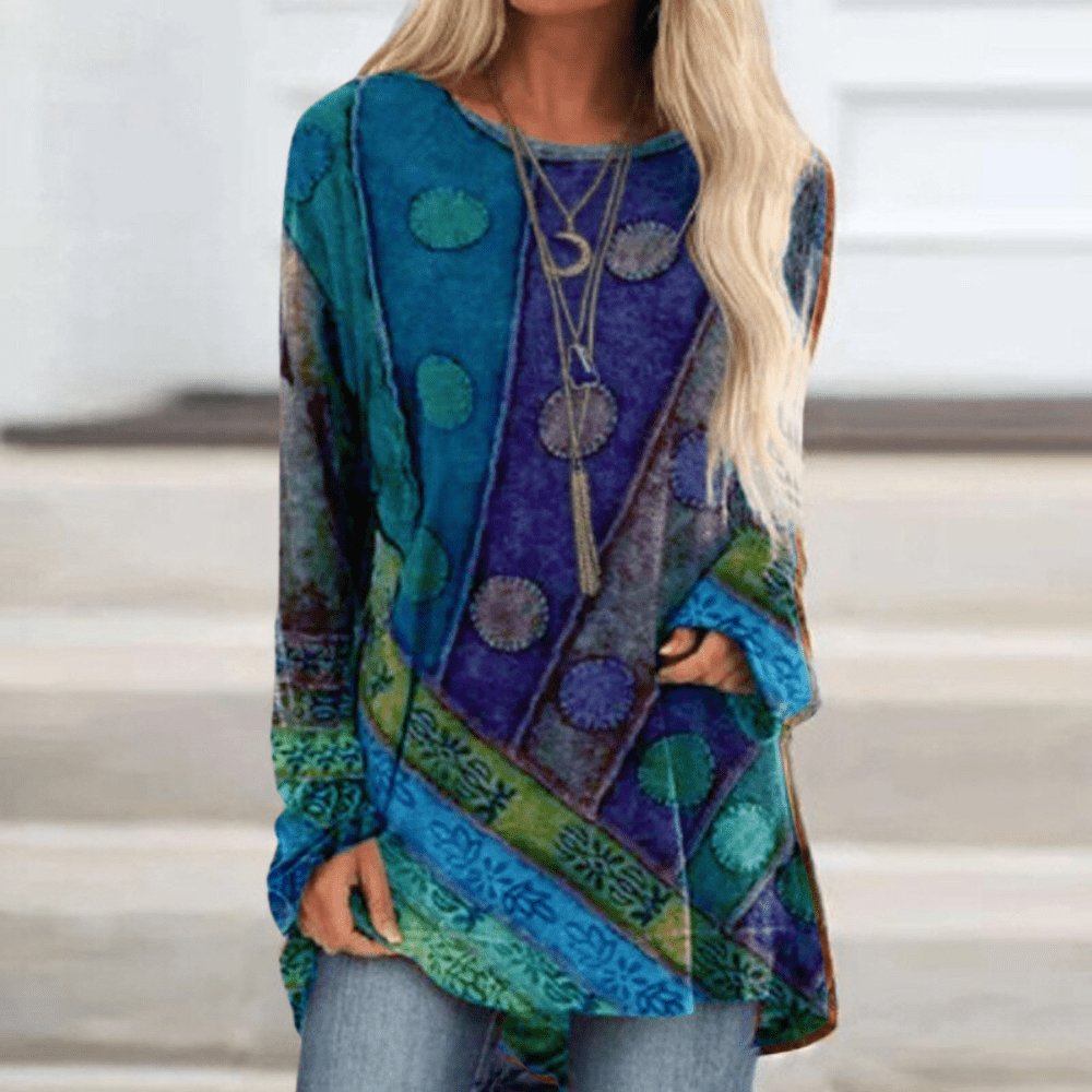 Dames Tuniek Blouse met Patchwork Ontwerp en Relaxte Pasvorm 0