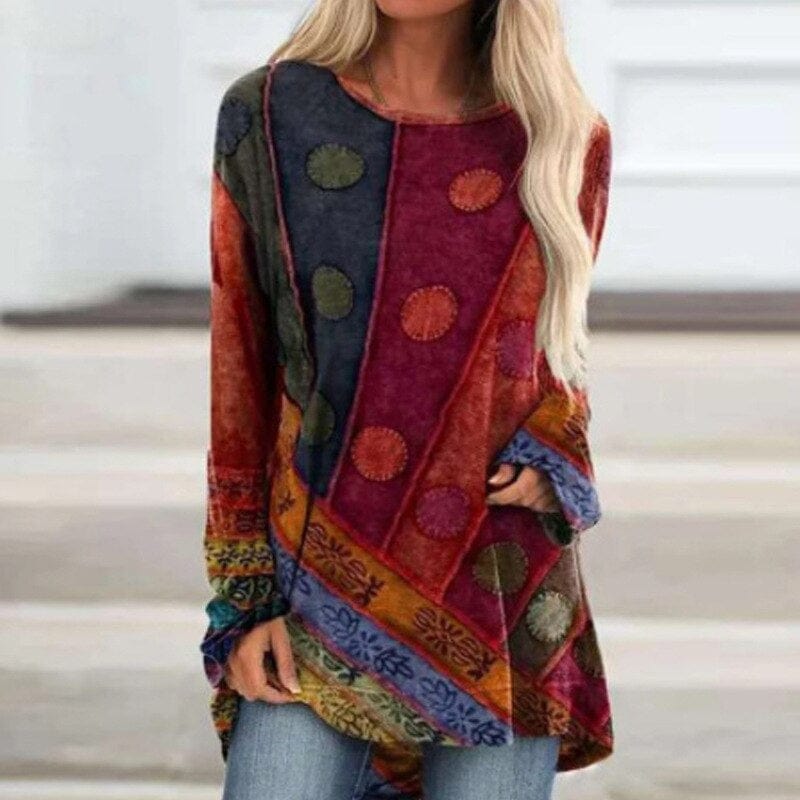 Dames Tuniek Blouse met Patchwork Ontwerp en Relaxte Pasvorm 1