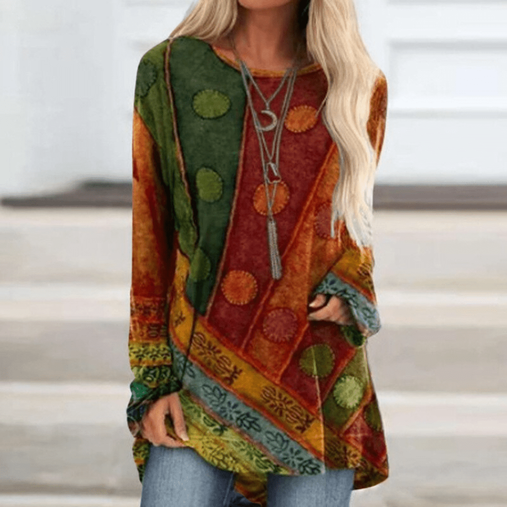 Dames Tuniek Blouse met Patchwork Ontwerp en Relaxte Pasvorm 2