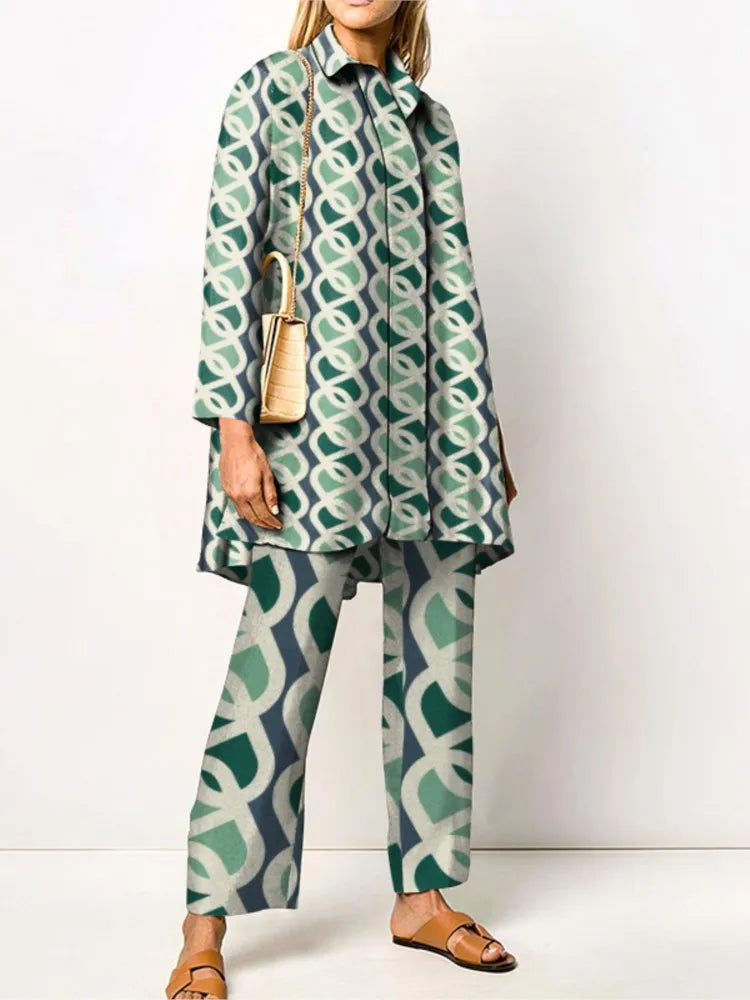 Dames Tweedelige Set met Vintage Print en Ruime Pasvorm 1