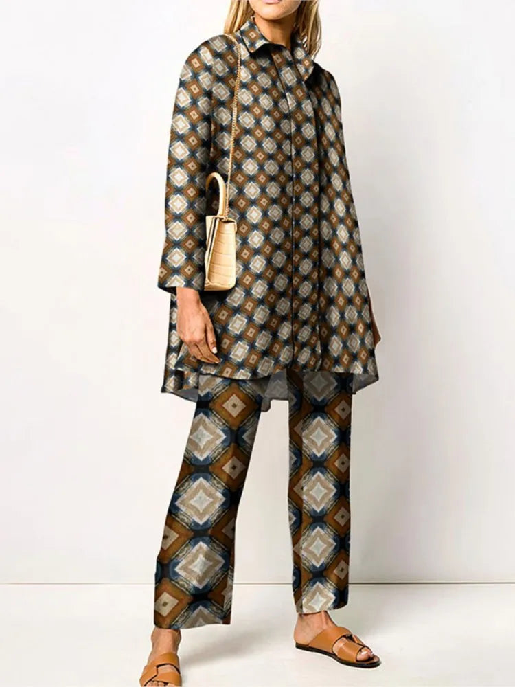 Dames Tweedelige Set met Vintage Print en Ruime Pasvorm 2