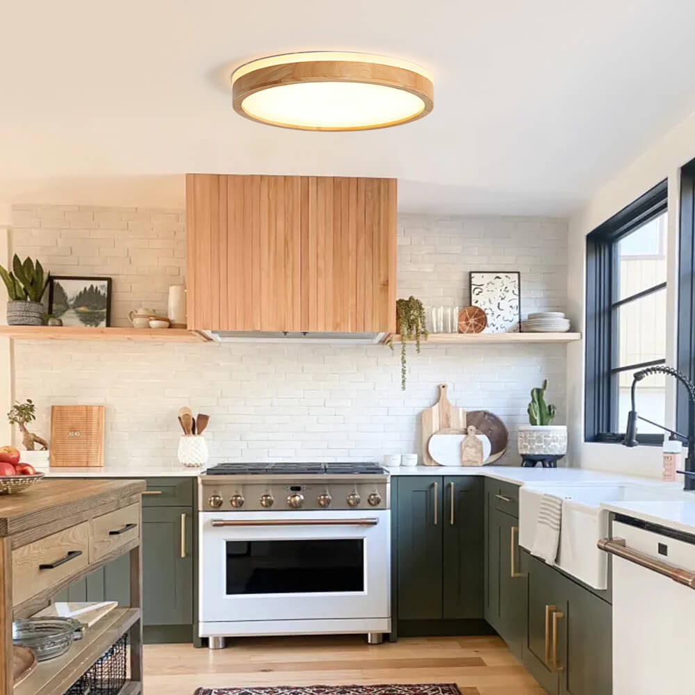 Dimbare LED Plafondlamp van Hout met Matte Acryl Diffuser - Scandinavische Plafonniere voor Binnen 0