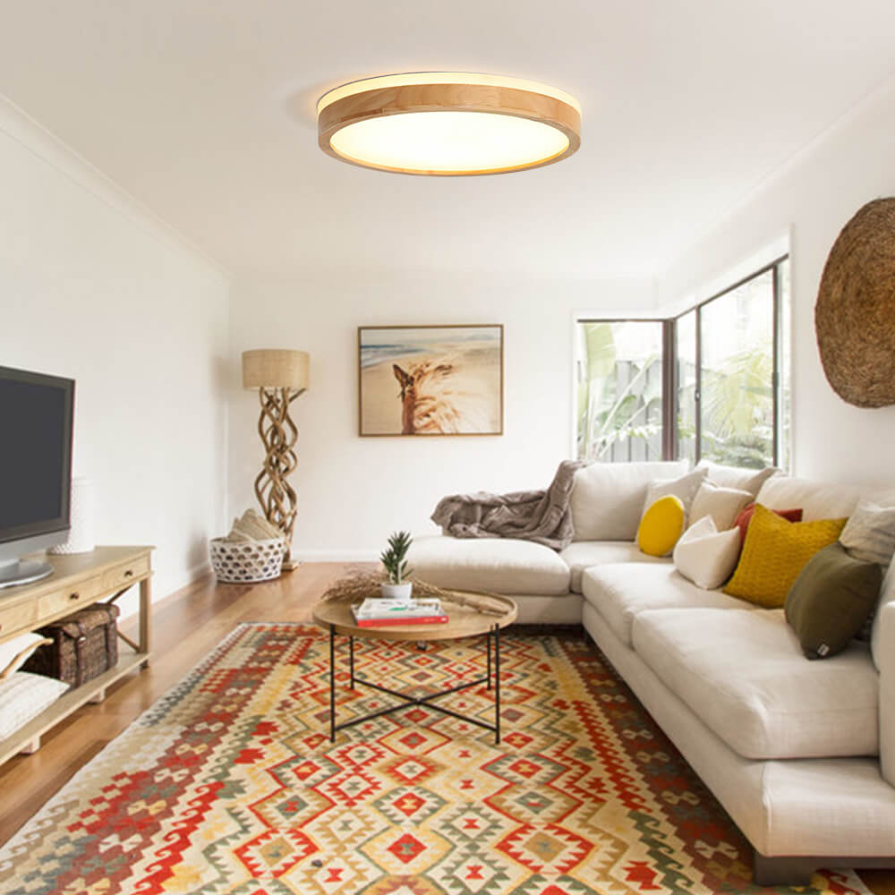Dimbare LED Plafondlamp van Hout met Matte Acryl Diffuser - Scandinavische Plafonniere voor Binnen 5