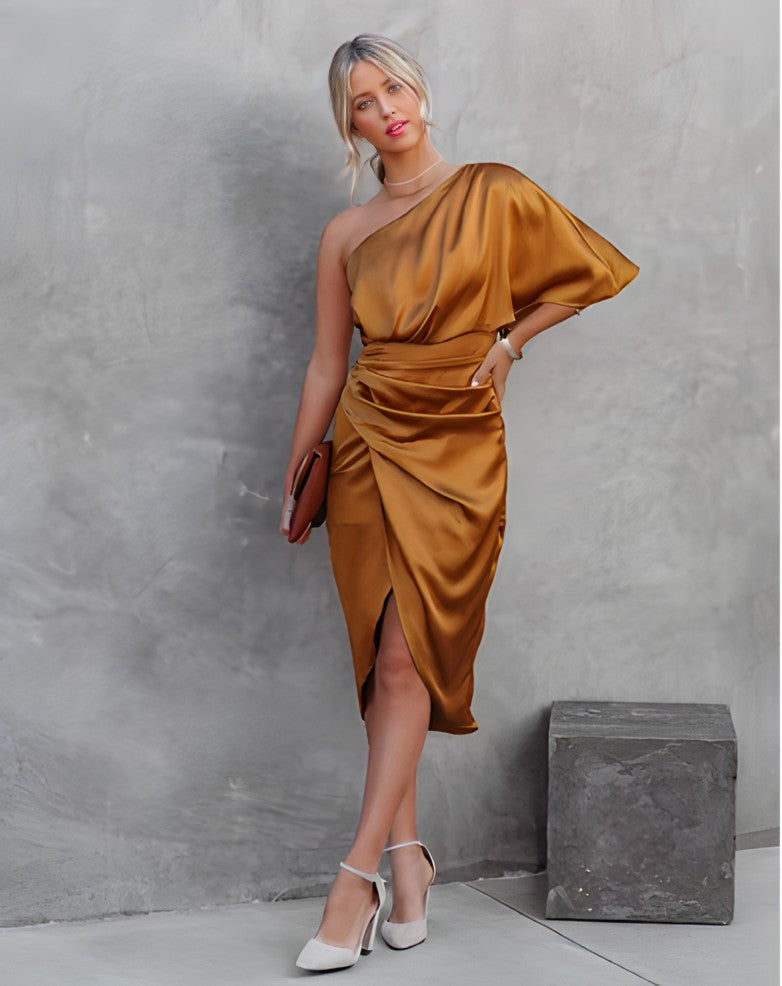Feestjurk Dames van Zijde met Elegante Pasvorm Oranje Auralie