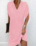 Dames Maxi Jurk met V-Hals en Elegante Splitmouwen Roze Auralie