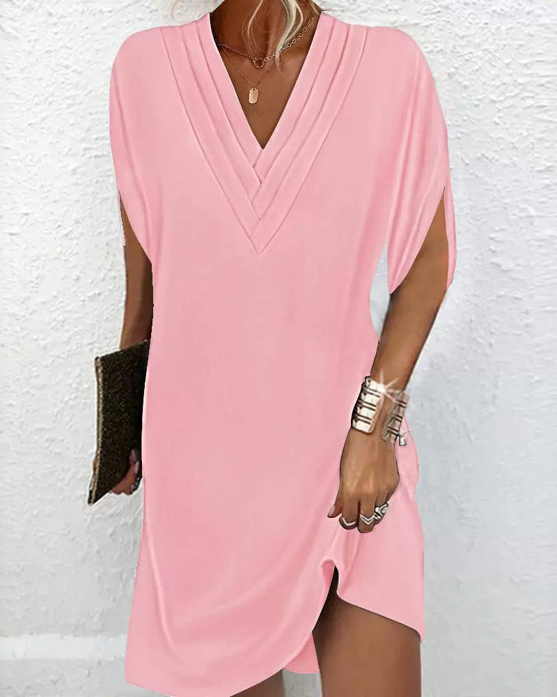 Dames Maxi Jurk met V-Hals en Elegante Splitmouwen Roze Auralie