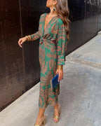 Lange Jurk Dames met Vintage Print Groen Auralie