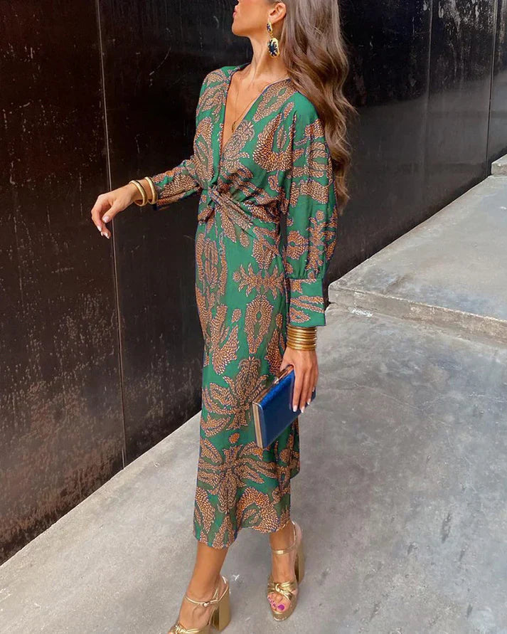 Lange Jurk Dames met Vintage Print Groen Auralie