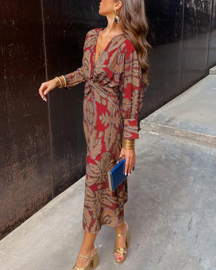 Lange Jurk Dames met Vintage Print Rood Auralie
