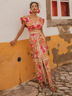 Feestelijke Lange Jurk Dames met Bloemenprint Rood Auralie
