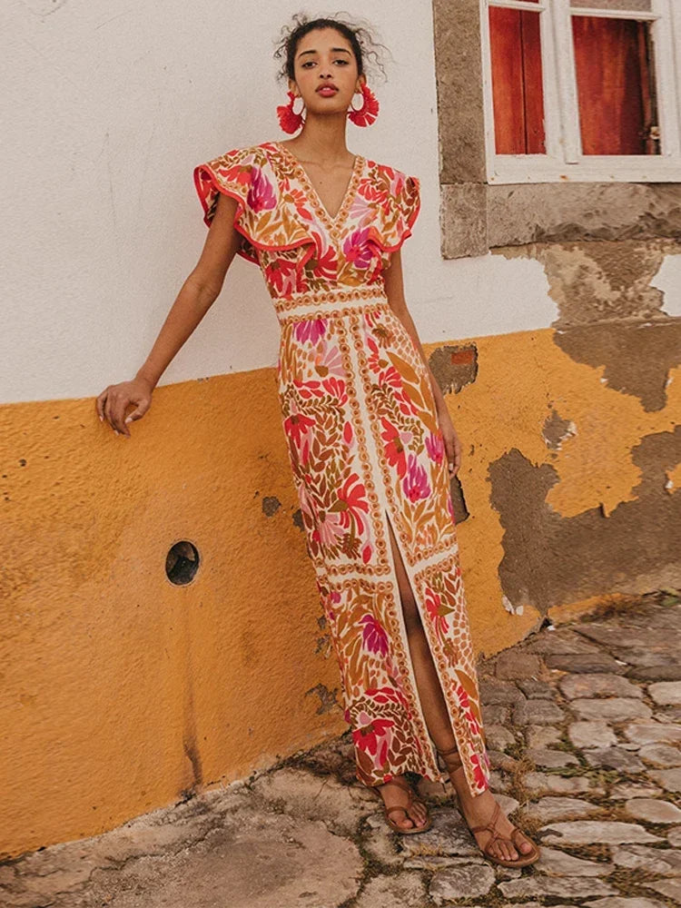Feestelijke Lange Jurk Dames met Bloemenprint Rood Auralie