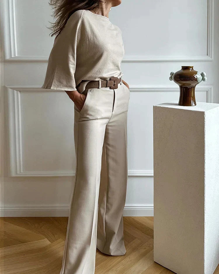 Dames Tweedelige Set met Losse Top en Hoge Broek Beige Auralie