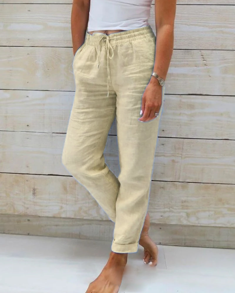 Vrouwen Elastische Broek van Katoen en Linnen met Tijdloos Ontwerp en Comfortabele Pasvorm 3