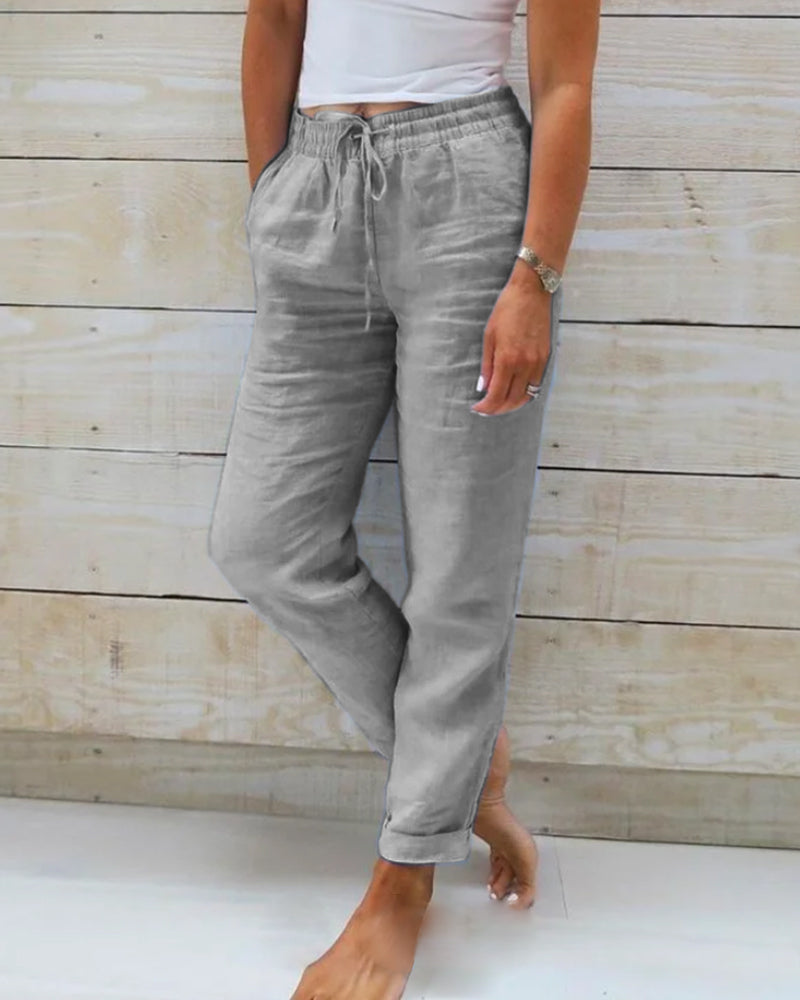 Vrouwen Elastische Broek van Katoen en Linnen met Tijdloos Ontwerp en Comfortabele Pasvorm 4