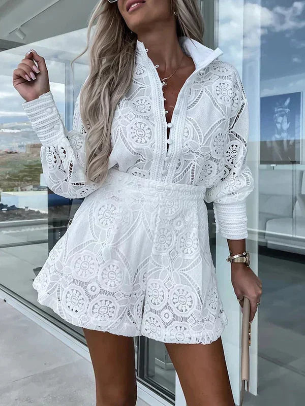 Vrouwen Tweedelige Boho Set met Kanten Details Wit Auralie
