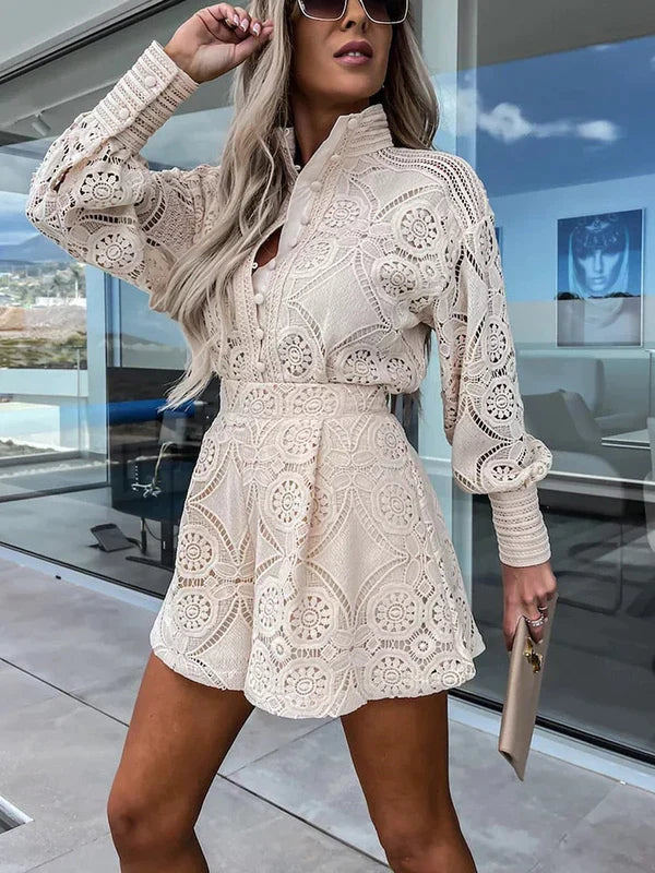 Vrouwen Tweedelige Boho Set met Kanten Details Khaki Auralie