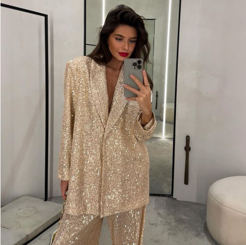 Dames Blazer en Broek Co-ord Set met Pailletten Champagne Auralie